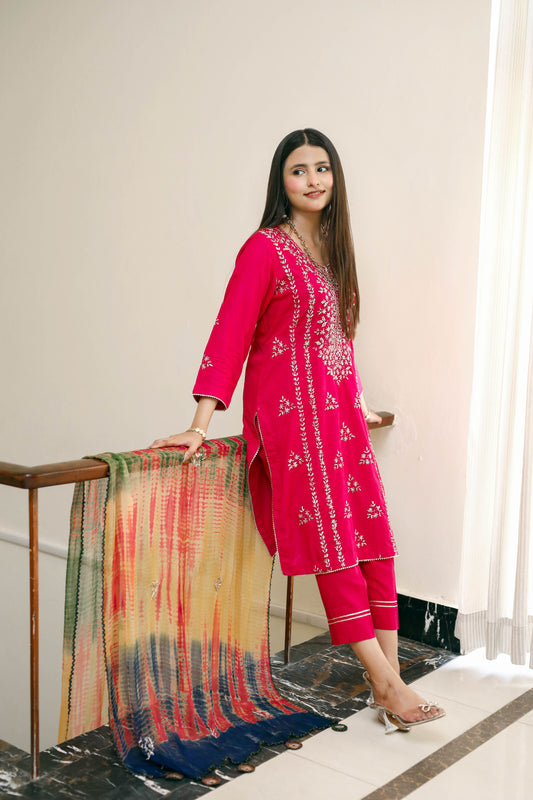 Rosa Raqs -  Shocking Pink Gotta Embellished 3-Piece Suit with Tie-Dye Dupatta