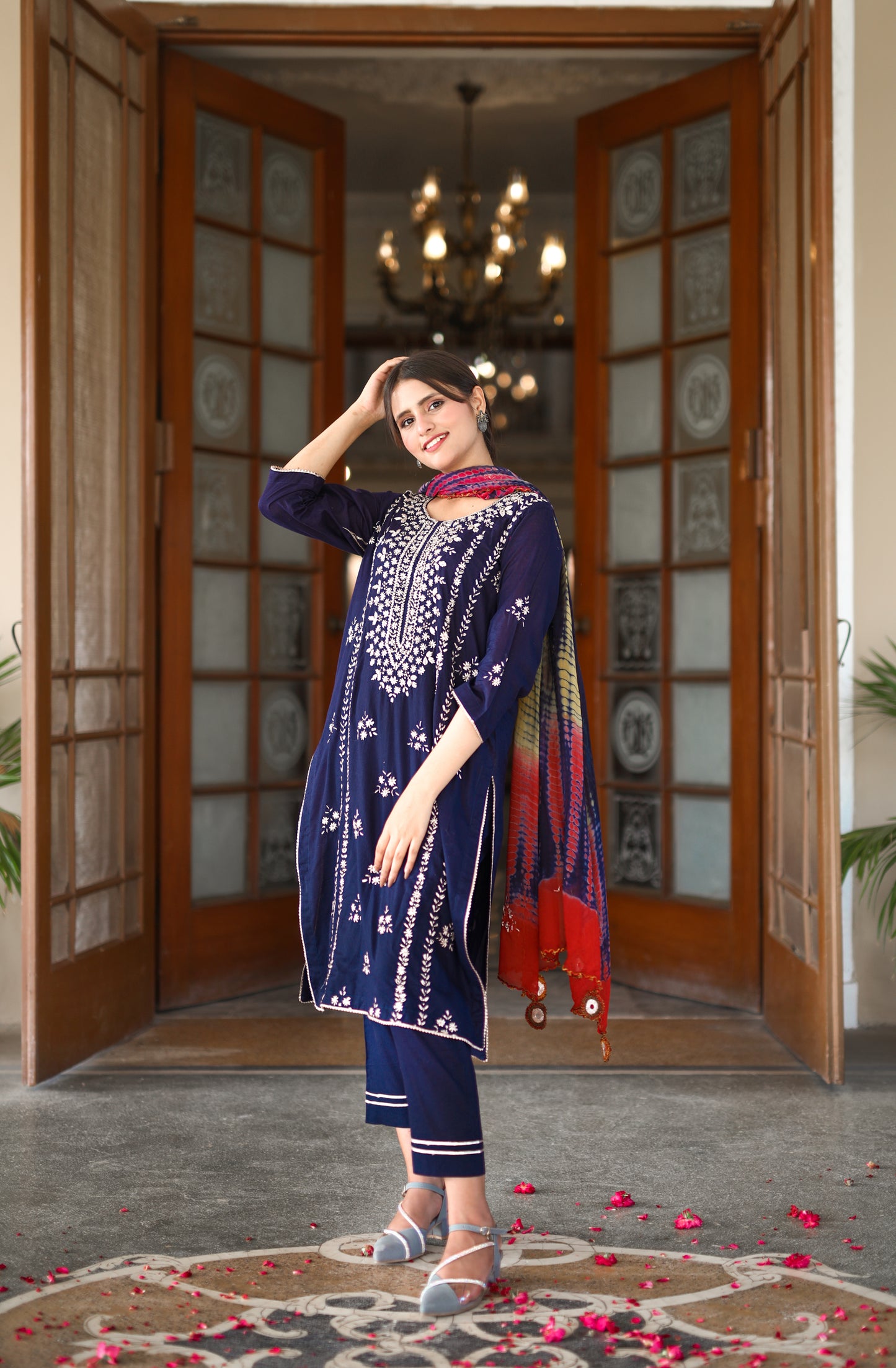 Neelam Noor- Navy Blue Gotta Embellished 3-Piece Suit with Tie-Dye Dupatta