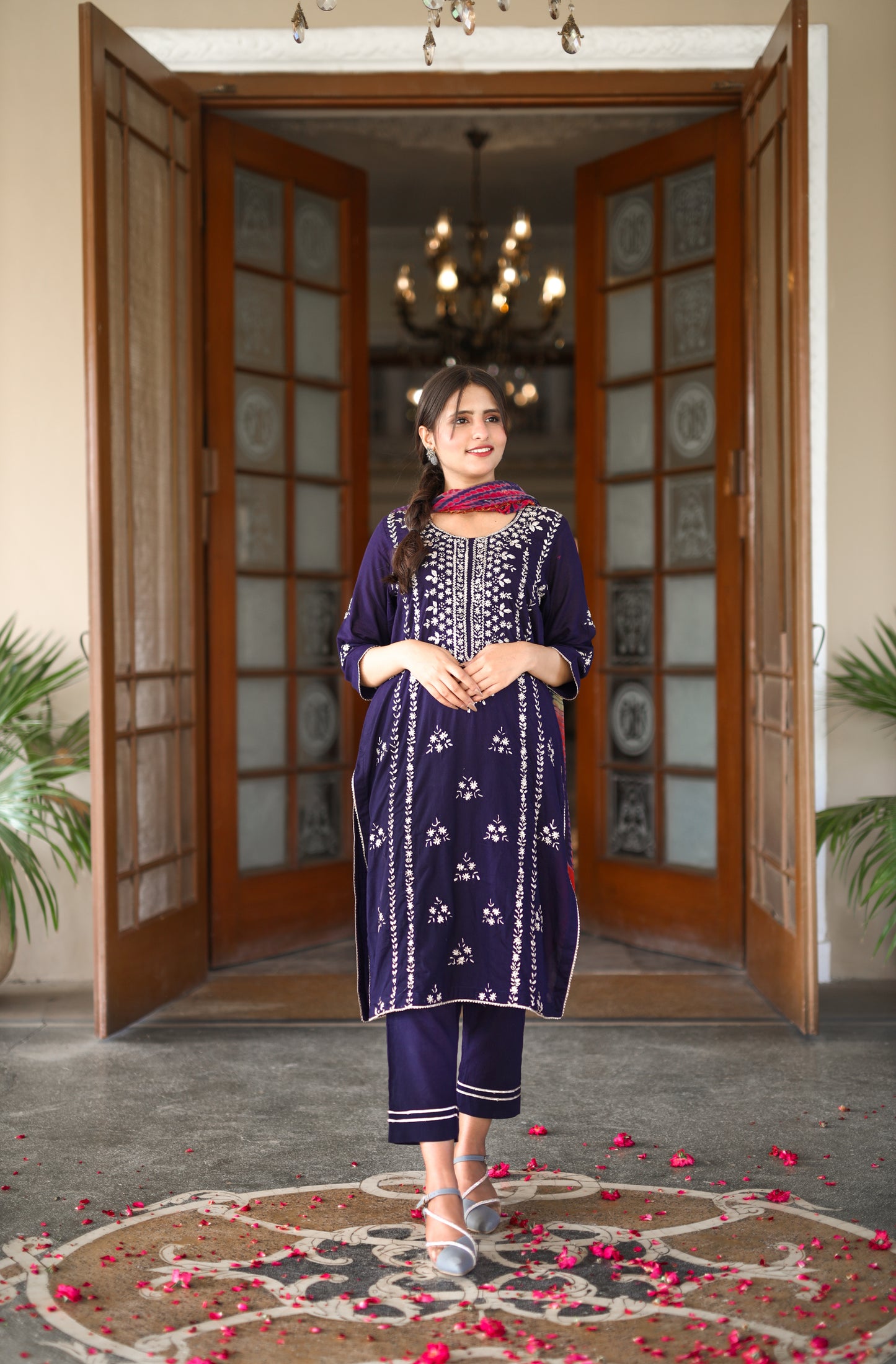 Neelam Noor- Navy Blue Gotta Embellished 3-Piece Suit with Tie-Dye Dupatta