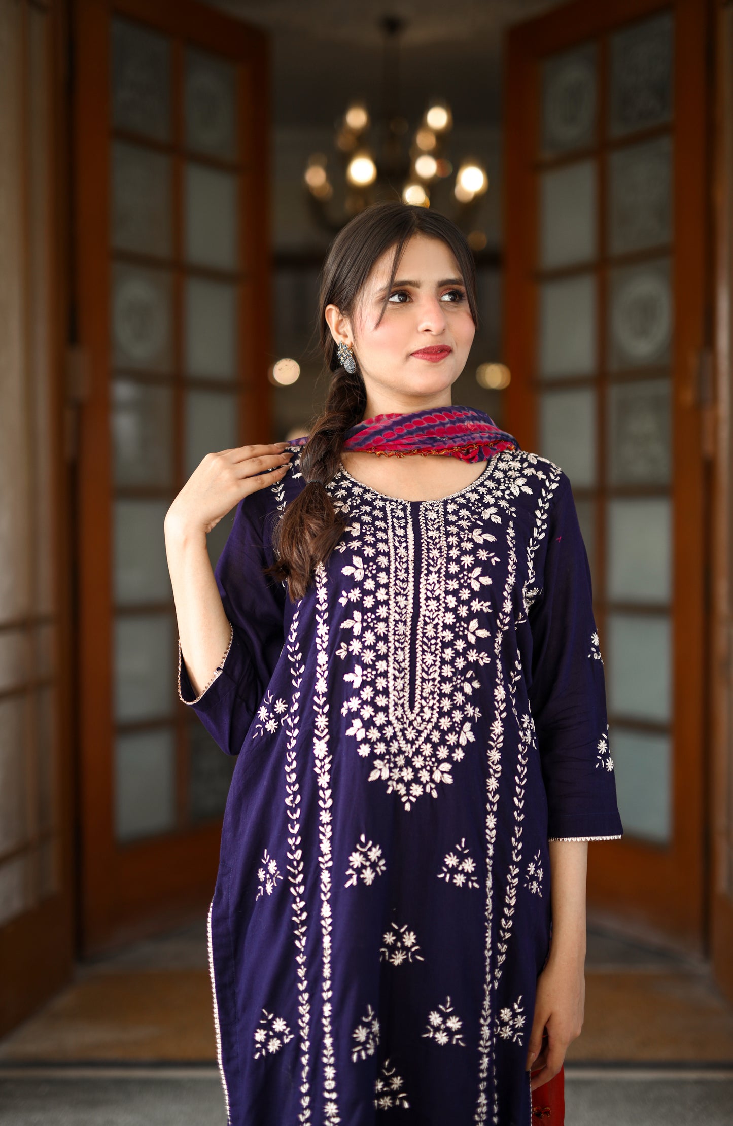 Neelam Noor- Navy Blue Gotta Embellished 3-Piece Suit with Tie-Dye Dupatta