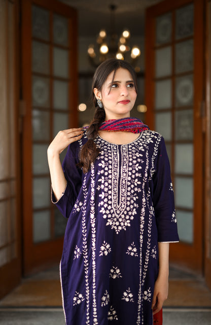 Neelam Noor- Navy Blue Gotta Embellished 3-Piece Suit with Tie-Dye Dupatta