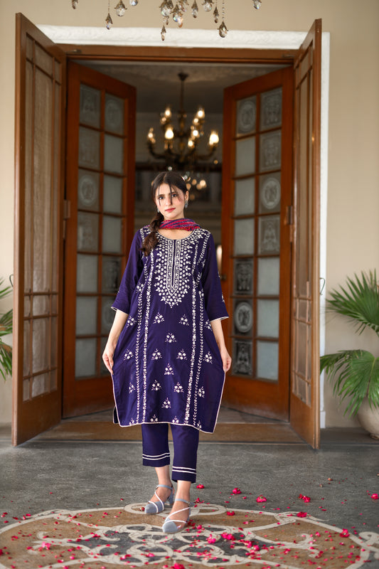 Neelam Noor- Navy Blue Gotta Embellished 3-Piece Suit with Tie-Dye Dupatta