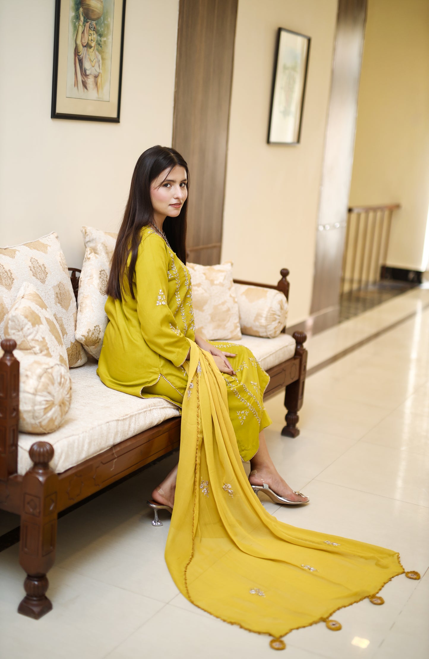 Zard Zeenat- Olive Green Gotta Embellished 3-Piece Suit with Tie-Dye Dupatta