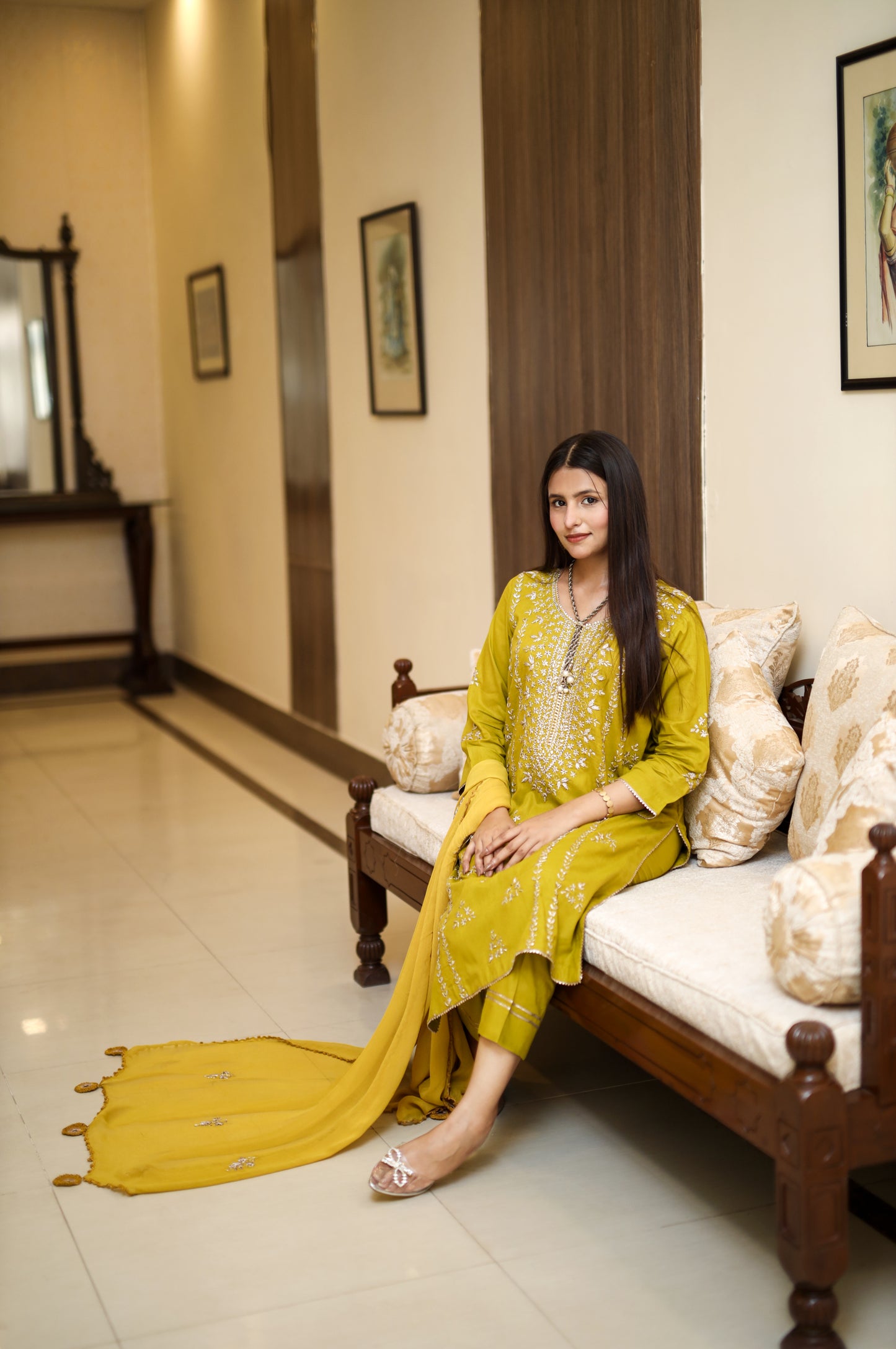 Zard Zeenat- Olive Green Gotta Embellished 3-Piece Suit with Tie-Dye Dupatta