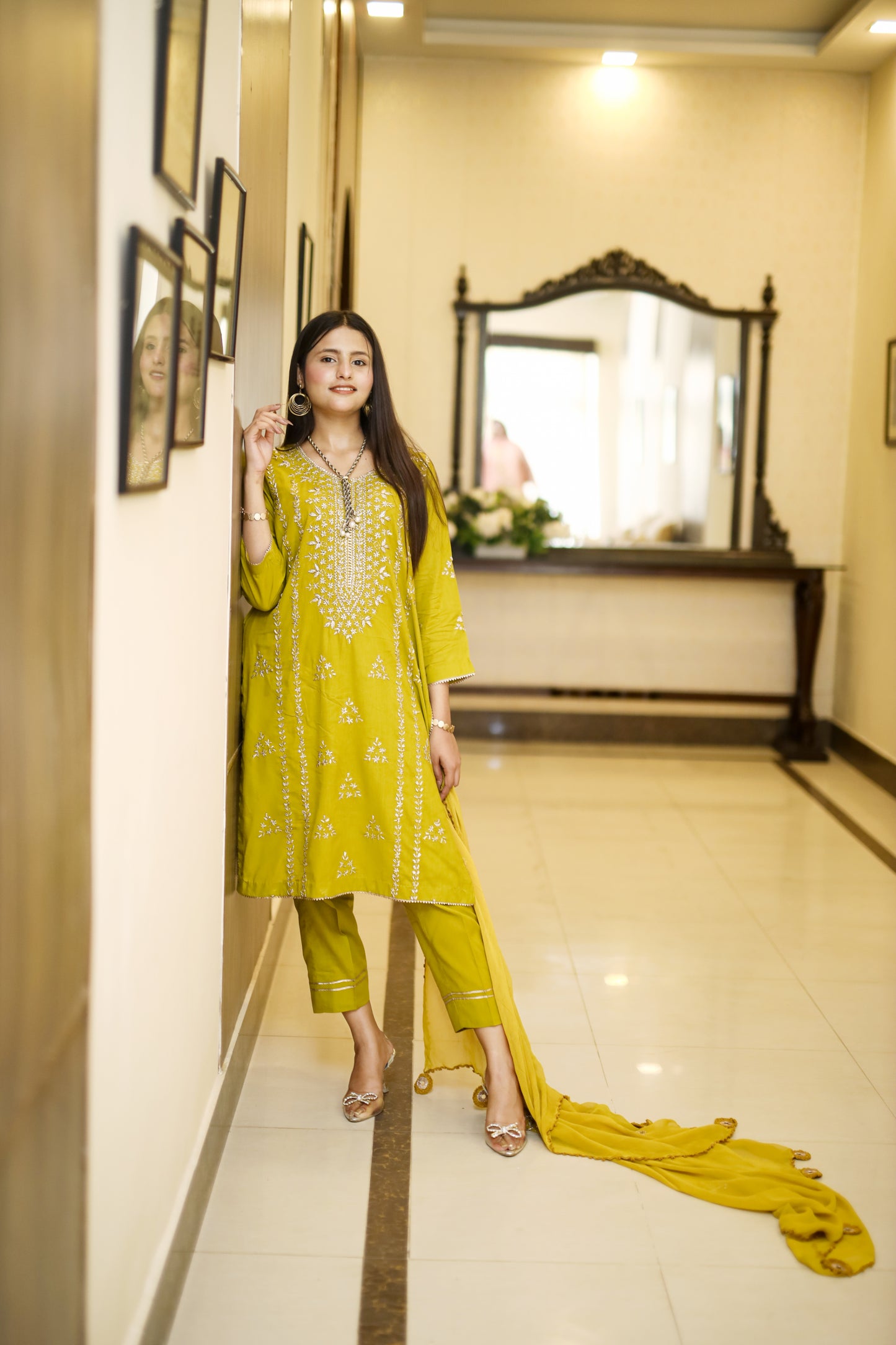 Zard Zeenat- Olive Green Gotta Embellished 3-Piece Suit with Tie-Dye Dupatta