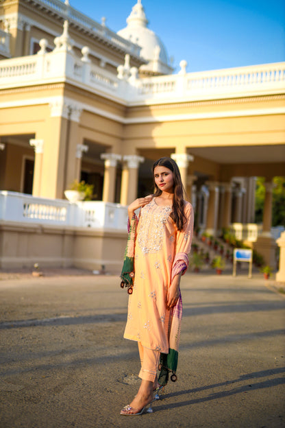 Shabnam Adaa - Peach Gotta Embellished 3-Piece Suit with Tie-Dye Dupatta