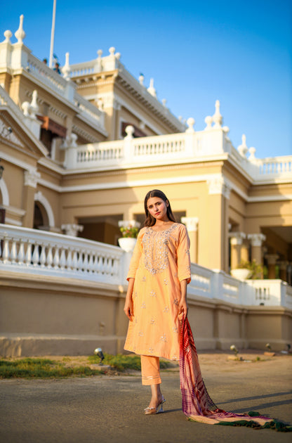 Shabnam Adaa - Peach Gotta Embellished 3-Piece Suit with Tie-Dye Dupatta